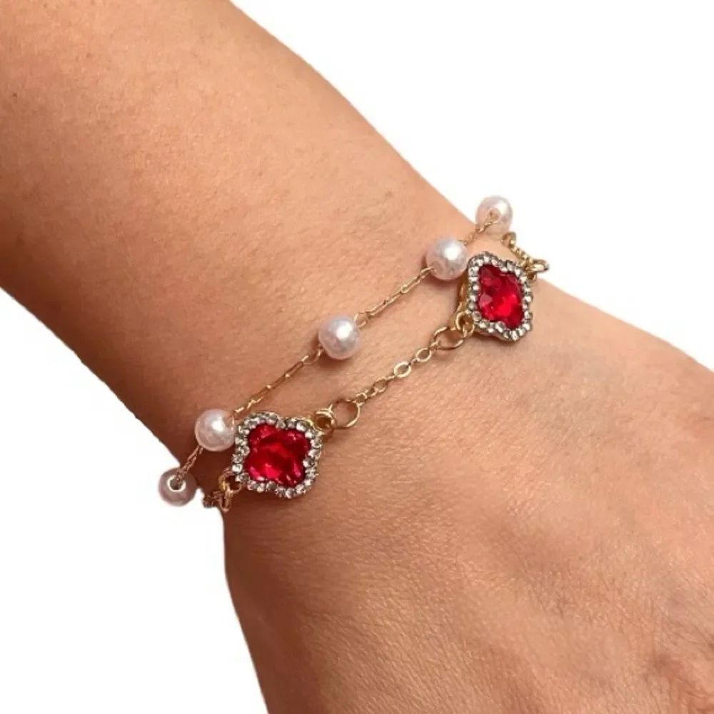 💎2/$30💎 Elegant Red Stone Clover Pearl Double Strand Gold Tone Bracelet